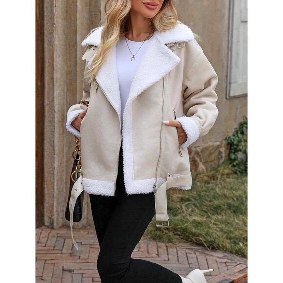 Women beige LY VAREY LIN Faux Leather Sherpa Aviator Bomber Jacket - Picture 2 of 7